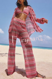 Beach Style Knit Unique Print Long Sleeve Kimono Shirt and Stretch Wide Leg Pants Set