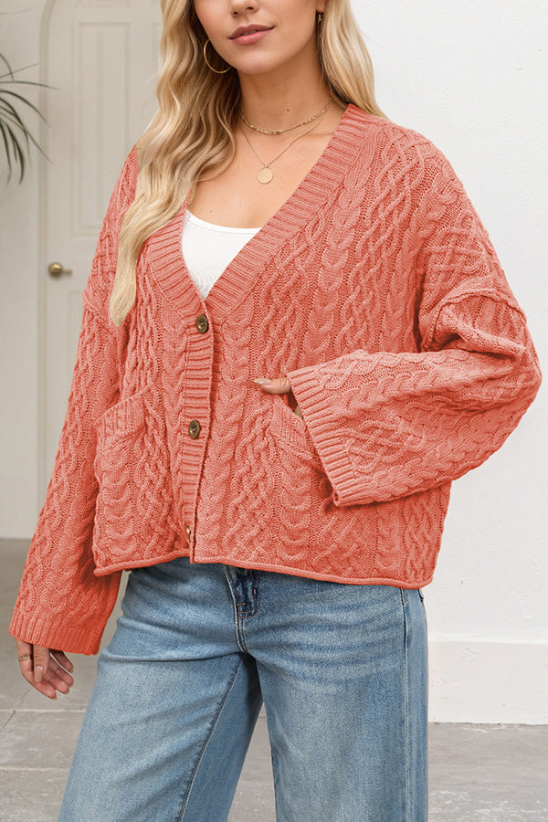 Solid Color Loose V-neck Long-sleeved Casual Pocket Knitted Cardigan