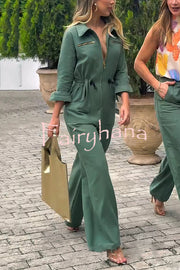 Street Glamour Zipper Stand Collar Drawstring Waist Pocket Loose Jumpsuit