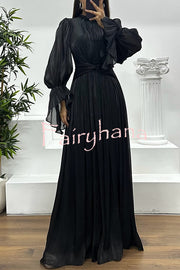 Ellah Shiny Fabric Chinese Stand Collar Twist Waist Balloon Sleeve Maxi Dress