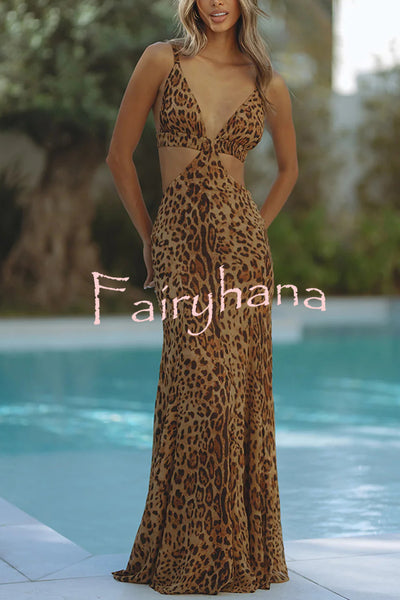 Elegant Wildness Leopard Print Elasticated Cutouts Slip Maxi Dress