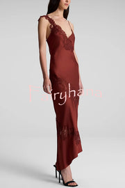 Sexy Lace Stitching Suspender V-neck Asymmetrical Maxi Dress
