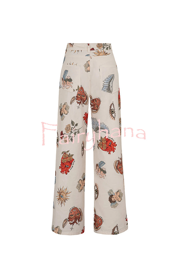 Angel Wings Denim Unique Print Mid Rise Pocket Loose Pants