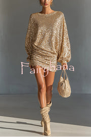 Glow Season Sequin Long Lantern Sleeve Ruched Hip Loose Mini Dress