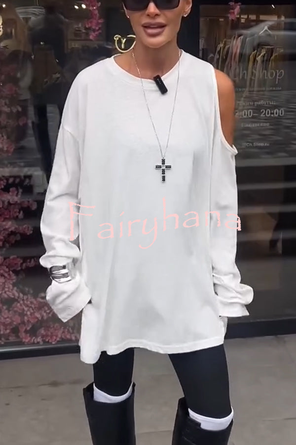 Various Ways Cutout Shoulder Long Sleeve Side Button Relaxed T-shirts