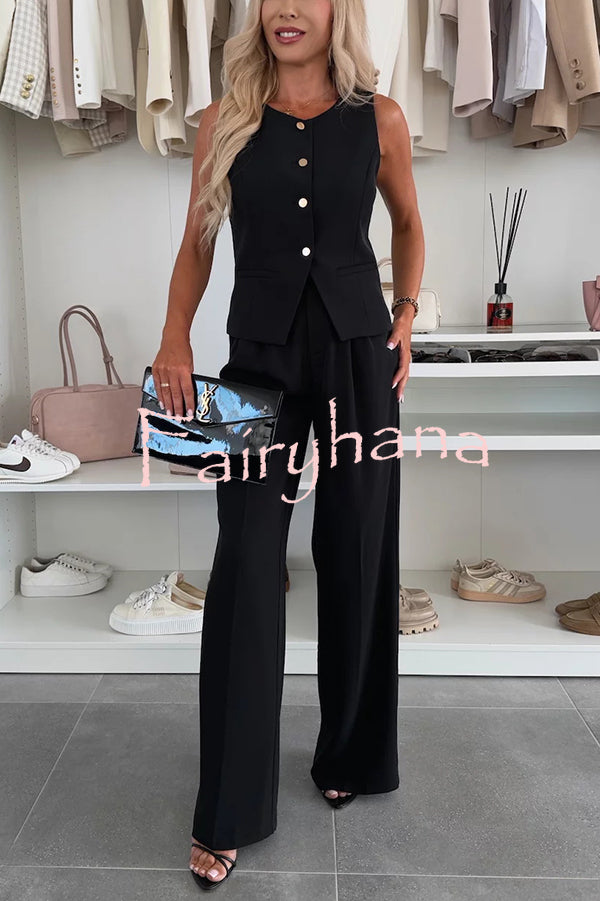 Workplace Chic Sleeveless Button Vest and Relaxed Pocket Wide Leg Pants Set
