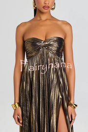 Metallic Sexy Tube Top Pleated High Slit Maxi Dress