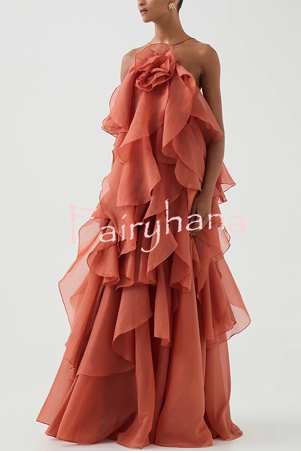 Free - Flowing Rose Detail Tiered Ruffles Halter A-line Maxi Dress