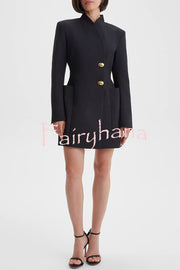 Kayleen Stand V-neck Decorative Metal Button Long Sleeve Pocket Blazer Mini Dress