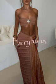 Fashion Metal Shell Embellished Sexy Bandeau and Elastic Tie Maxi Skirt Set