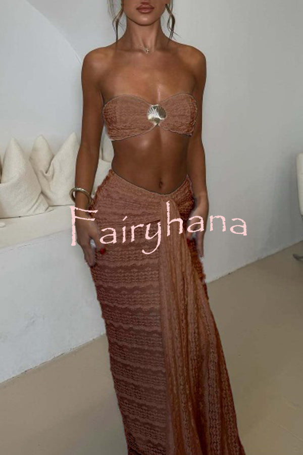 Fashion Metal Shell Embellished Sexy Bandeau and Elastic Tie Maxi Skirt Set