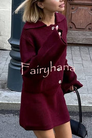 Fashion Lapel Bell Sleeve Knitted Cardigan and Casual Mini Skirt Set