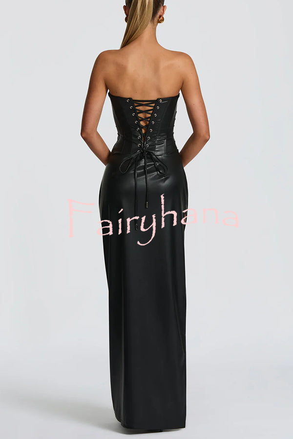 Alba Faux Leather Pleated Off Shoulder Neck Slit Stretch Maxi Dress