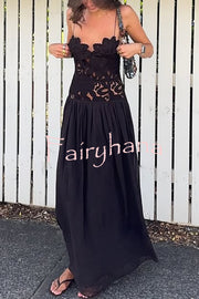 Stephanie Flower Crochet Lace Bust Chiffon Fluffy Hem Maxi Dress