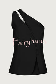 Full of Design Solid Color One Shoulder Asymmetric Slit Button Casual Vest