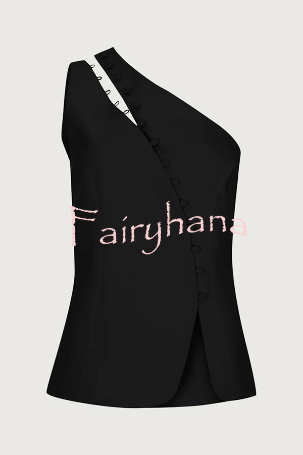 Full of Design Solid Color One Shoulder Asymmetric Slit Button Casual Vest