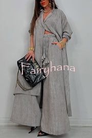 Solid Color Casual Loose Long Shirt and Elastic Waist Pocket Wide Leg Pants Set