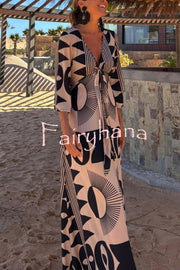 Unique Print V-Neck Tie Loose Pocket Casual Maxi Dress
