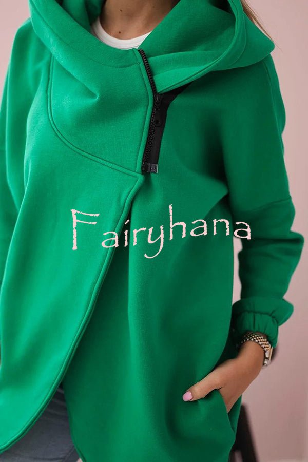 Solid Color Loose Hooded Zip-up Casual Sports Jacket