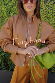 Pop of Brown Faux Leather Double Zipper Detail Balloon Sleeve Lapel Jacket