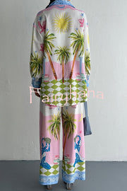 Holiday Style Print Loose Long Sleeve Shirt and Elastic Waist Loose Pocket Wide Leg Pants Set