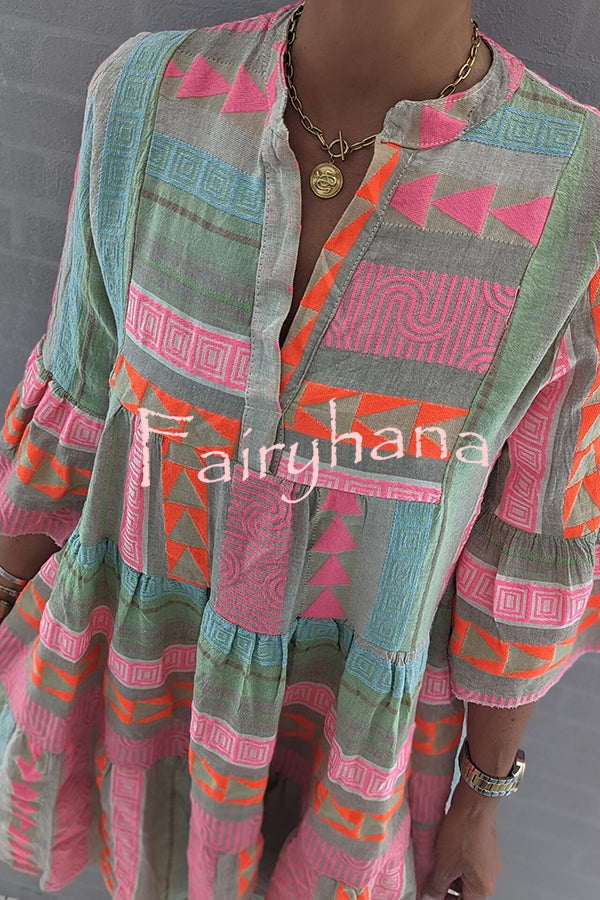 Just My Type Linen Blend Colorful Ethnic Print Bell Sleeve Babydoll Mini Dress