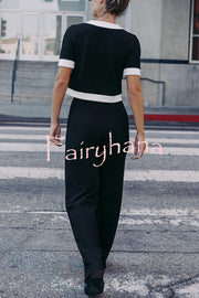 Fashionable Contrast Color Short-sleeved Button-down Top