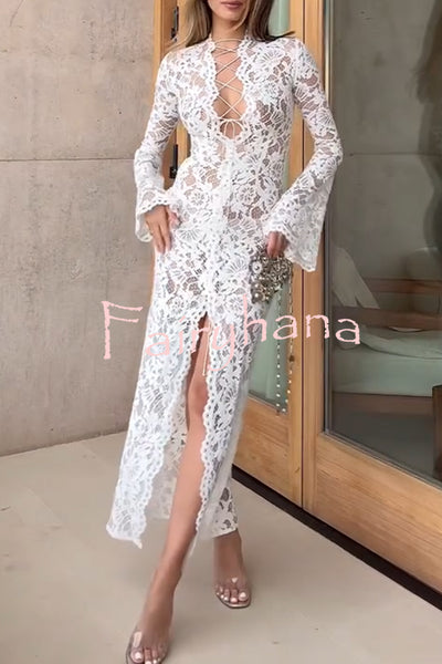 Garcelle Floral Lace Lace-up Long Bell Sleeve Slit Midi Dress