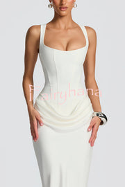 Larrah Square Neck Back Lace-up Satin Drape Hem Maxi Dress