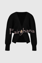 Only Yours Knit Metal Leaf Shape Button Lantern Sleeve Relaxed Cardigan