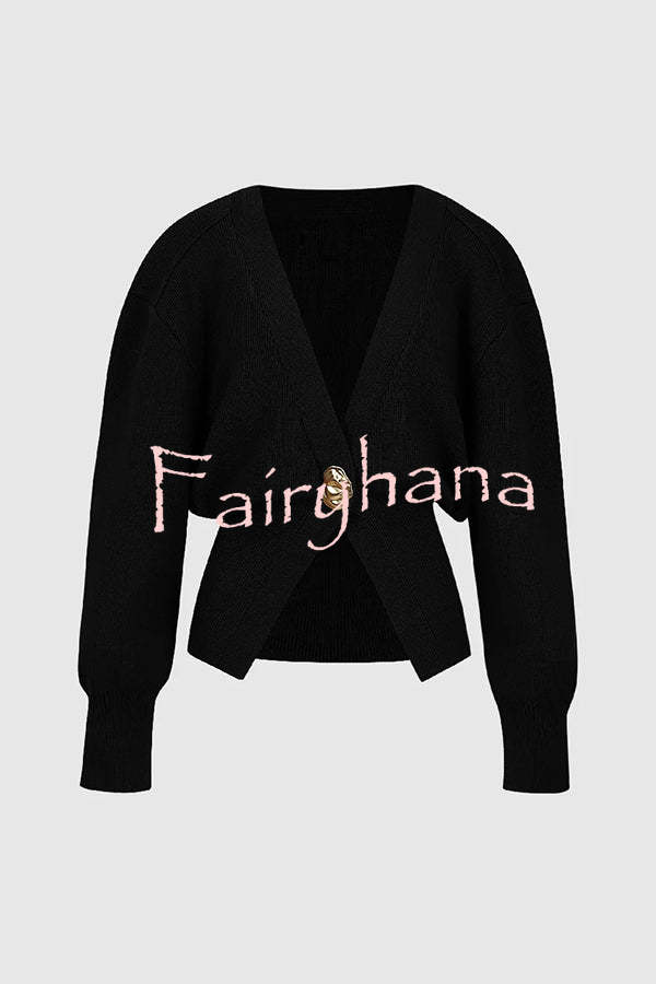 Only Yours Knit Metal Leaf Shape Button Lantern Sleeve Relaxed Cardigan