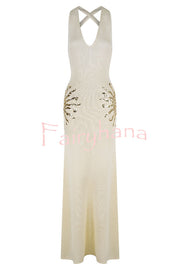 Sparkling Nights Knit Sunburst Sequin Detail Back Cross Straps Stretch Maxi Dress