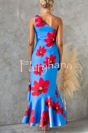 Stunning Muse Floral Print One Shoulder Irregular Ruffles Slit Maxi Dress