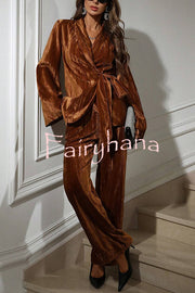 Solid Color Velvet Pleated Long-sleeved Tie Top and Casual Pocket Straight-leg Pants Set