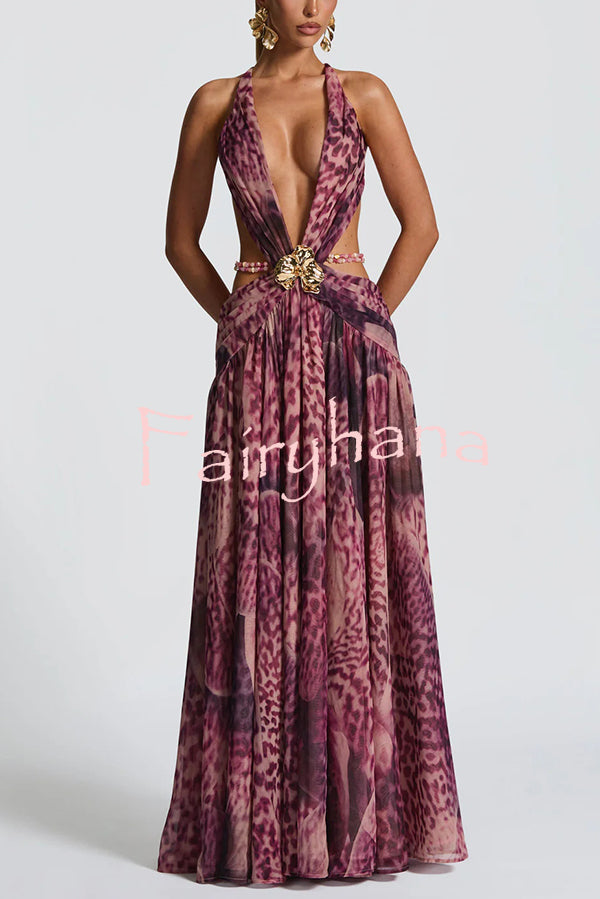 Kinara Leopard Print Deep V-neck Metal Flower Hollow Beads Detail Slit Maxi Dress