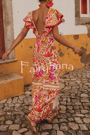 Unique Printed V-neck Open Back Ruffled Sleeves Slit Maxi Dress