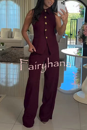 Fashion Lapel Sleeveless Button Vest and Casual Straight-leg Suit Pants Set