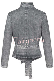 Casual Meetup Denim Stand Neck Long Sleeve Belted Loose Jacket