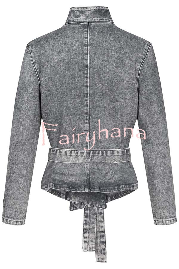 Casual Meetup Denim Stand Neck Long Sleeve Belted Loose Jacket