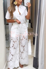 Solid Color Hollow Lace Lapel Short-sleeved Top and Elastic Waist Loose Pocket Pants Set