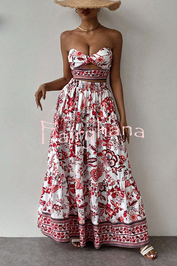 Floral Print Cutout Bandeau Top and Elastic Waist Full Maxi Skirt Set