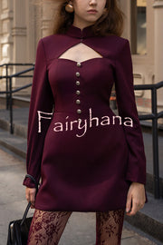 Elegant Long-sleeved Hollowed-out Button-down Slim-fit Mini Dress