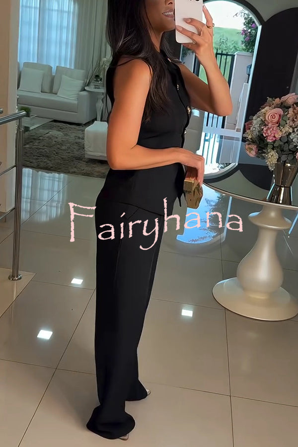 Fashion Lapel Sleeveless Button Vest and Casual Straight-leg Suit Pants Set