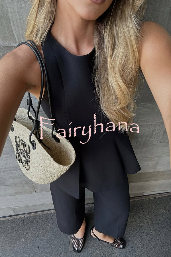 Solid Color Round Neck Sleeveless Casual Top and Loose Straight Pants Set
