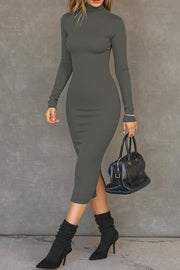 Solid Color Casual Long Sleeve High Neck Slim Midi Dress