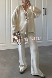 Solid Color V-neck Tie Long-sleeved Loose Knit Cardigan and Elastic Waist Casual Straight Leg Pants Set