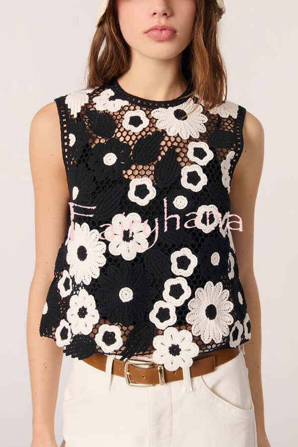 Fashionable Hollow Crochet Sleeveless Round Neck Knitted Vest
