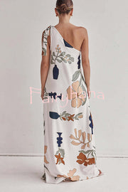 Matches The Vacation Unique Print One Shoulder Tie-up Pocketed Loose Maxi Dress