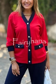 Stylish Color-blocked V-neck Knitted Button-down Cardigan and Elastic Waist Casual Wide-leg Pants Set