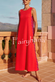 Vacation Villa Side Ric Rac Wave Trim Slit Loose Maxi Dress